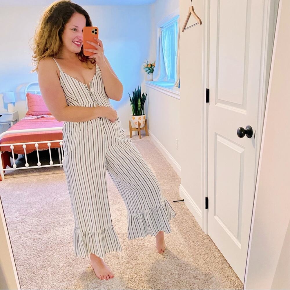 LoveShackFancy Blue White Cotton Flare Leg Jumpsuit 2